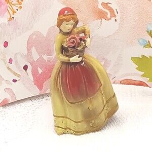 Ceramic Country Lady FIGURINE Holding Basket of Flowers 7 in Vtg Japan Brown